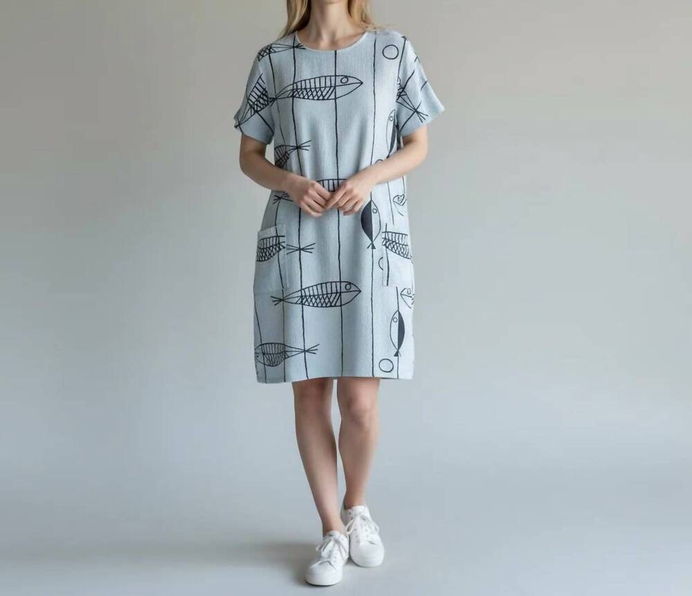 NEW LOOWIE women's fish print gauze cotton midi dress in sky blue